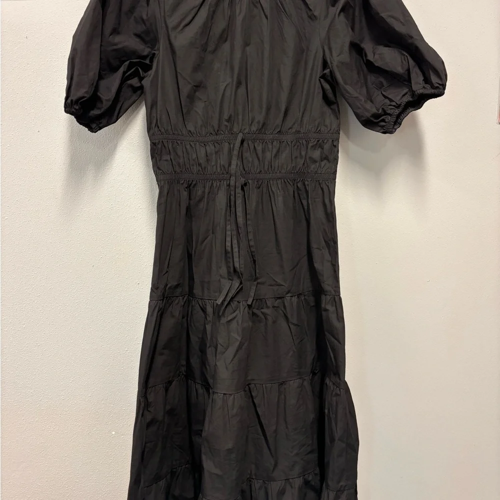 GREYLIN Gloria Poplin Tiered Dress BlackTie waist Midi Puff Sleeve Shirred Waist - Picture 8 of 8